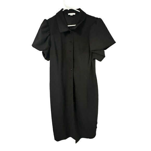 Calvin Klein Short Puff-Sleeve Button-Front Shirt Dress Women's 14‎ Black Solid - Picture 1 of 4
